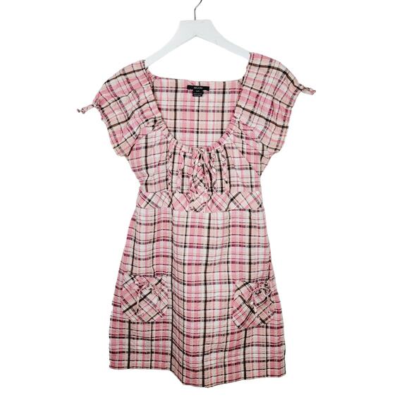 Majora Plaid Scoop Neck Shirt Dress Puff Sleeve Button Front Tie Waist - Size M - Picture 1 of 6